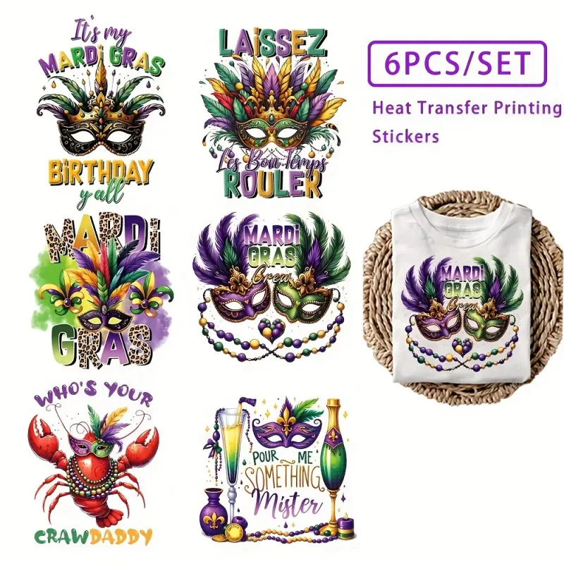 6 Pack Carnival Iron on Transfer Stickers, Bold Letters with Masks Beads Festival Phrases, High Quality Washerable DIY Decor for T Shirts Bags Hats, Party Supplies