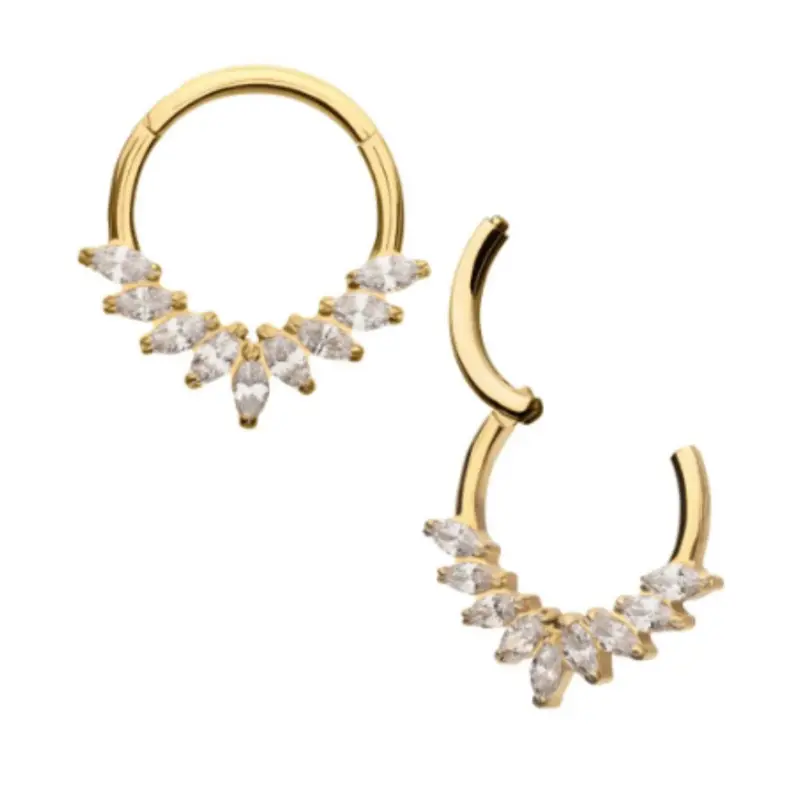 Invictus 16G 24K Gold PVD 9 Marquise CZ Titanium Hinged Hoop