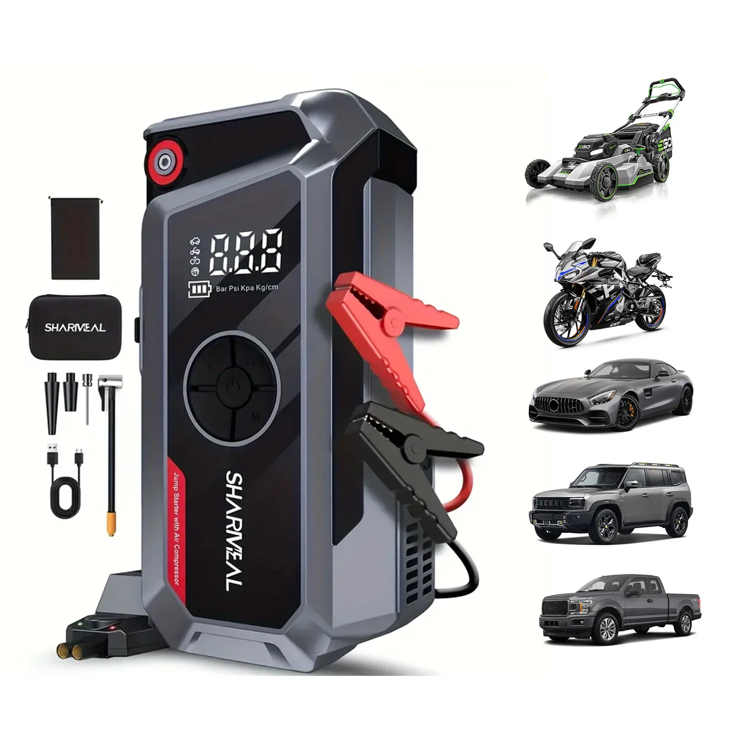 6000A Portable Car Jump Starter with Air Compressor 12V Battery Jump Starter Power Pack Tire Inflator with Extended Smart Jumper Cables for All Gas & up to 10.0L Diesel Engines Car Tool Kit Automotive Tool Kit