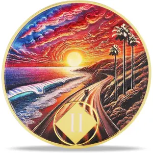 2 Year Sunset Coastal Road Sobriety Coin – Journey into Serenity NA Medallion – Spiritual Token for Recovery & Clean Time – Empowering NA AA Chips – Gift for Men & Women