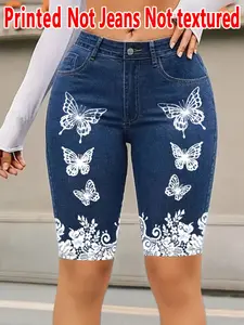 Women's Butterfly Print Skinny Trousers, Non-Denim Fabric, Five-Piece Pants, All Season Wear, Fashionable Bottoms for Daily Use