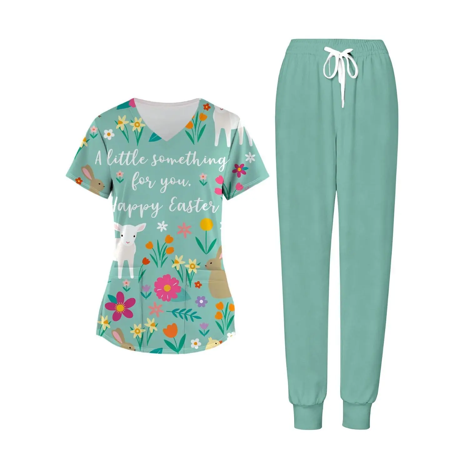 Plus Size Women's Mint Green Floral V-Neck Top and Pants 2-Piece Set - Easter Day Scrubs Outfit
