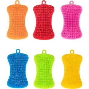 6 Pack Silicone Dish Sponges for Kitchen - Reusable Non Scratch Scrubber Pads for Dishwashing, Fruit, Vegetables - Double Sided BPA Free Cleaning Sponge Brush Set with Hooks - Non Stick, Flexible, Multicolor Eco-Friendly Scrubbers, sponges set