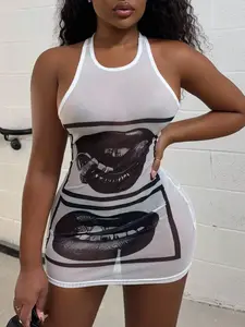 [Spring Deals] Alexandranx Gyaru Style Rave Outfits Festival Rave Outfits Festival Lip Print Sheer Bodycon Mini Dress