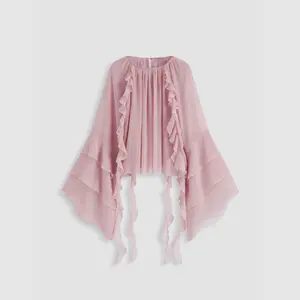 Cider Chiffon Round Neckline Solid Ruffle Hem See-through Long Bell Sleeve Blouse