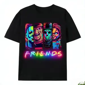 Halloween Vintage Neon Graphic T‑Shirt Everyone Is A Killer Black Horror Character Print Retro Spooky Horror Killer Design Casual Crewneck Unisex Soft Top Perfect For Halloween Parties Daily Wear And Holiday Gifts For Him Or Her