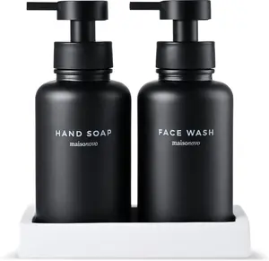 MaisoNovo Glass Foaming Soap Dispenser | Black Glass Plastic Pumps x 2 with Tray Bottle Set