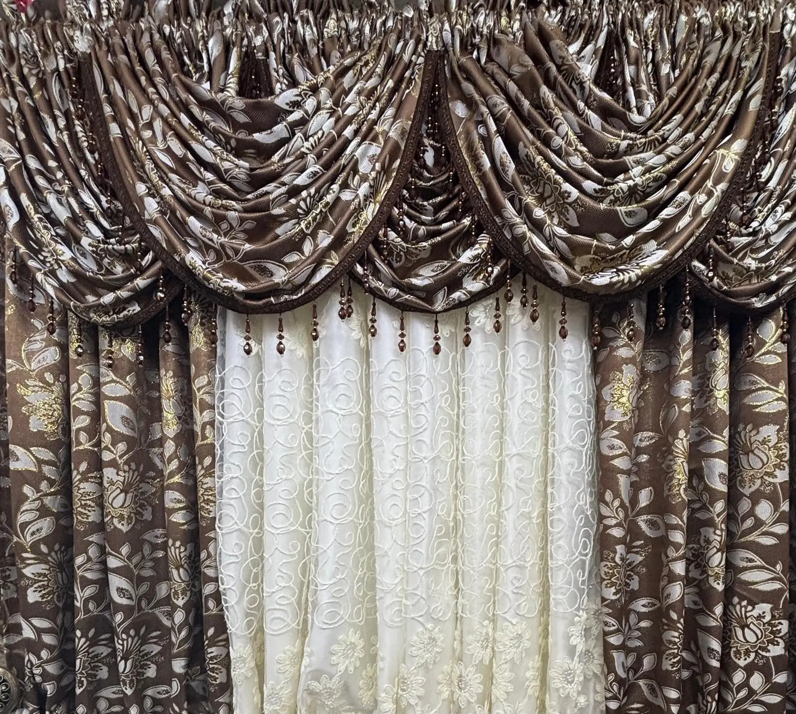 Magnolia Brown 11-Piece Luxury Curtain Set With Avon Embroidered Sheer & Backing – Designer Living Room Curtains