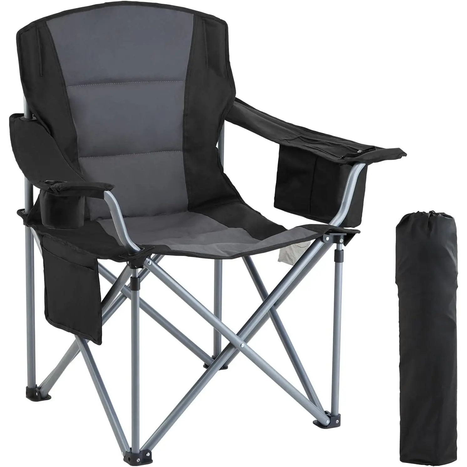 Oversized Camping Folding Chair, Portable Heavy Duty Outdoor Quad Lumbar Back Padded with Side Pockets, Cup Holder and Cooler Bag for Beach, Lawn, Picnic, Fishing, Backpacking, Black