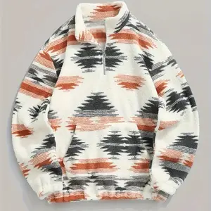 Men's Cozy Fleece-Lined Pullover Hoodie Sweatshirt with Ethnic Print & Quarter Zip - Casual Long Sleeve, Stand Collar, Stretch Fabric