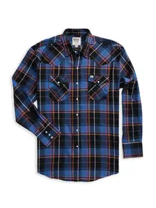 Men's Ely Cattleman Long Sleeve Flannel Plaid Western Snap Shirt- Blue