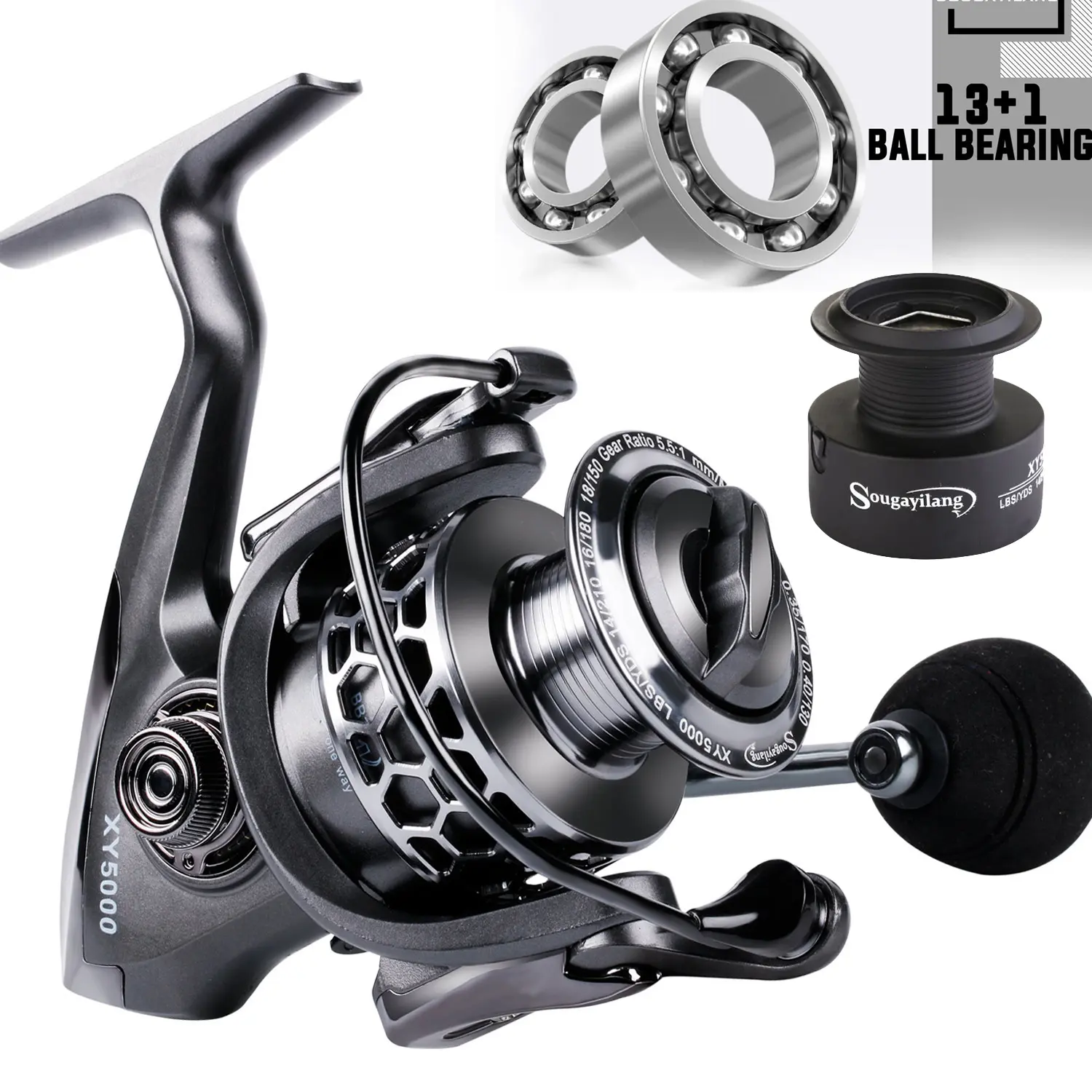 Sougayilang 1000-5000 Series 5.1:1/5.5:1 Gear Ratio 22lb max Drag ,13+1BB Gear Ratio, Aluminum Spool Light Weight Ultra Smooth Reel with Free Spool, Outdoor fishing supplies,For Beginner Fishing Reel