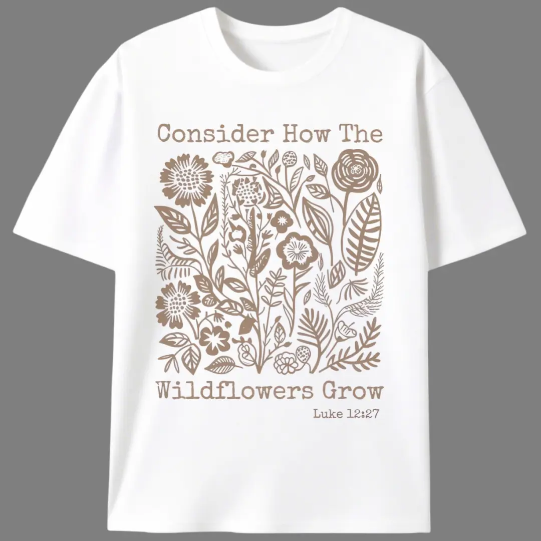 Men's Vintage Wildflower Graphic T-Shirt, Christian Luke 12:27 Print, 100% Cotton Knit Short Sleeve Crewneck, Menswear, Stretch, Casual, Round Neck