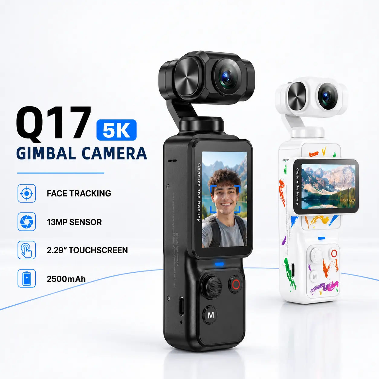 W&O Q17 5K Vlogging Camera with 32GB Card, Face Tracking Handheld Gimbal Camera, WiFi App Control, 2.29" Touchscreen, Portable Camcorder for YouTube, Travel & Daily Vlogs