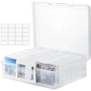 Photo Storage Box with Handle, 4" x 6" Photo Organizer Storage Container with 16 Inner Case and 1 Sheet Label for Pictures, Arts, Crafts, Sewing, Stickers, Seeds, Office Supplies - Clear