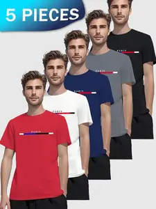 5 pieces of men's fashion letter pattern T-shirts, classic short-sleeved round-neck T-shirts, suitable for summer casual outings, sports and training.  Outdoorfun ，Top Streetwear