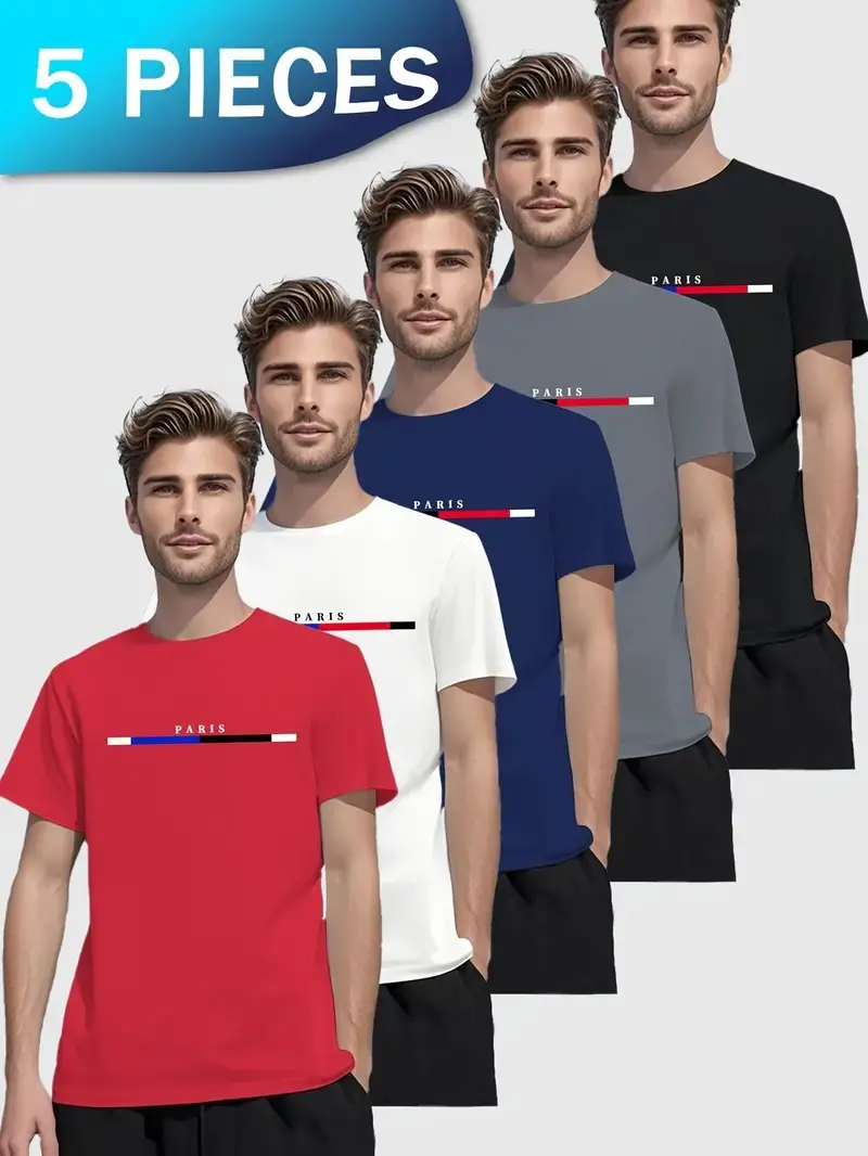 5 pieces of men's fashion letter pattern T-shirts, classic short-sleeved round-neck T-shirts, suitable for summer casual outings, sports and training.