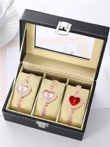 3-piece Ladies' Leisure Elegant Quartz Watch Set: With Swarovski Crystal Heart Dial, Electronic Movement, Zinc Alloy Case, and Zinc Alloy Strap. Not waterproof, it is an ideal gift set suitable for both business and casual occasions.