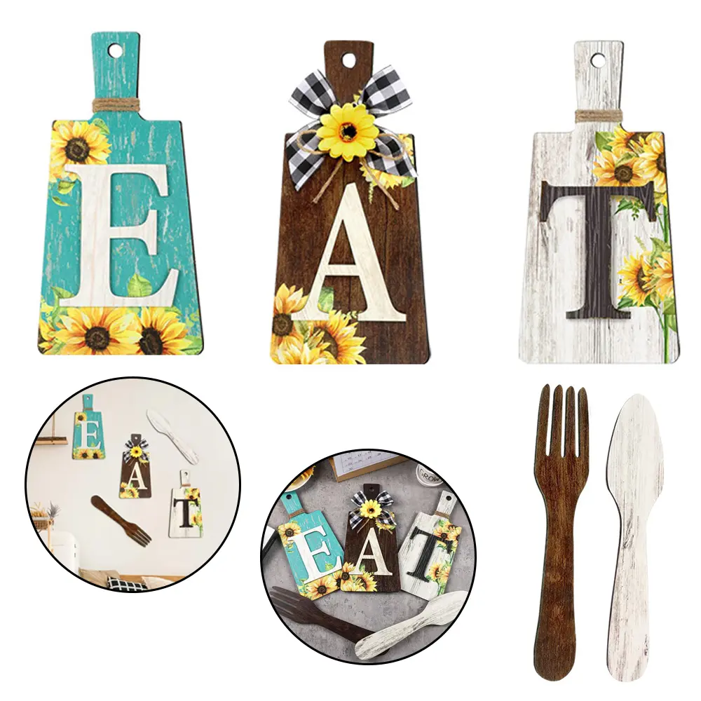 Farmhouse Rustic Rectangular Kitchen Wall Decor Set - Hangable Wooden Cutting Board (28x14cm), Decorative Fork-Spoon Sign (30x6cm) with Hanging Hooks for Home Improvement, Kitchen Fixture Accessories