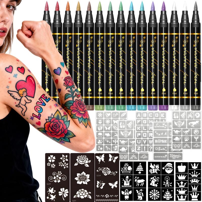 Temporary Tattoo Markers for Skin, 10/15/30-Count Body Markers 10/15/30 Colors Tattoo Pens,Flexible Brush Tip, Bright colors, Face Paint Kit Cosmetic Quality,Halloween makeup