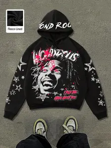 Unisex Star Graphic Print Hoodie, Dark Y2K Streetwear, Long Sleeve Fitted Sweatshirt for Fall & Winter, Casual Daily Wear