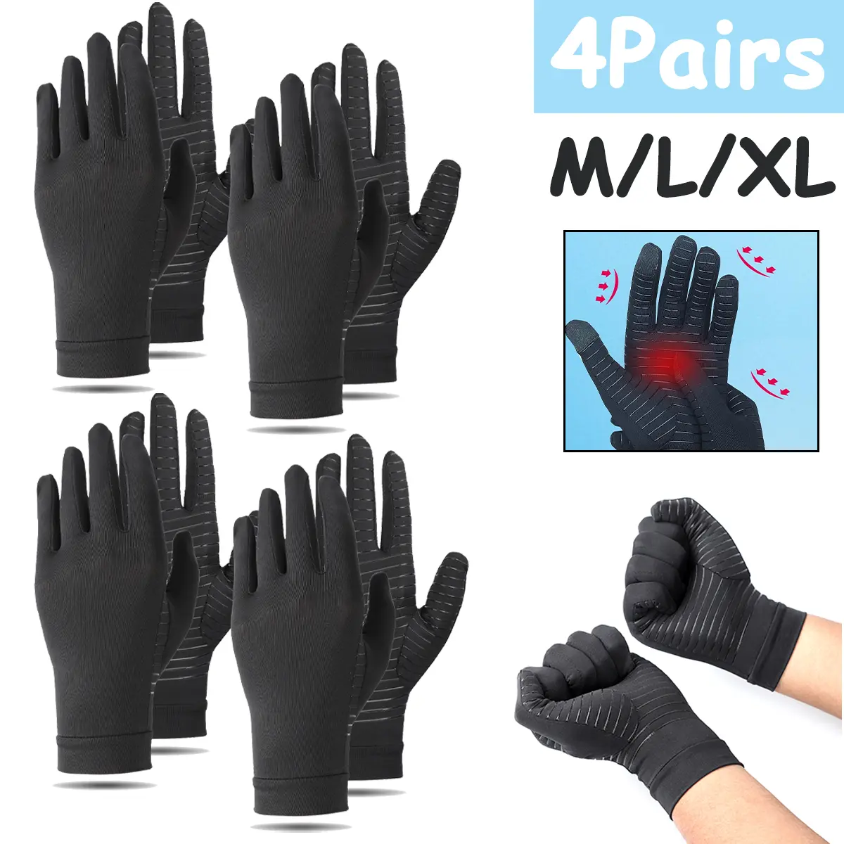 Copper Fiber Knitting Arthritis Compression Gloves (4 Pairs, Cotton, Breathable) with Extended Wrist Strap, Male Hand Support for Joint Pain Relief, Sports & Gym Use, CFR