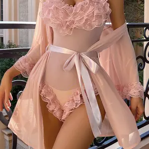Elegant Lace Trimmed Sheer Babydoll Lingerie Set with Matching Robe and Belt - 3 Piece Mesh Layered Bodysuit Set