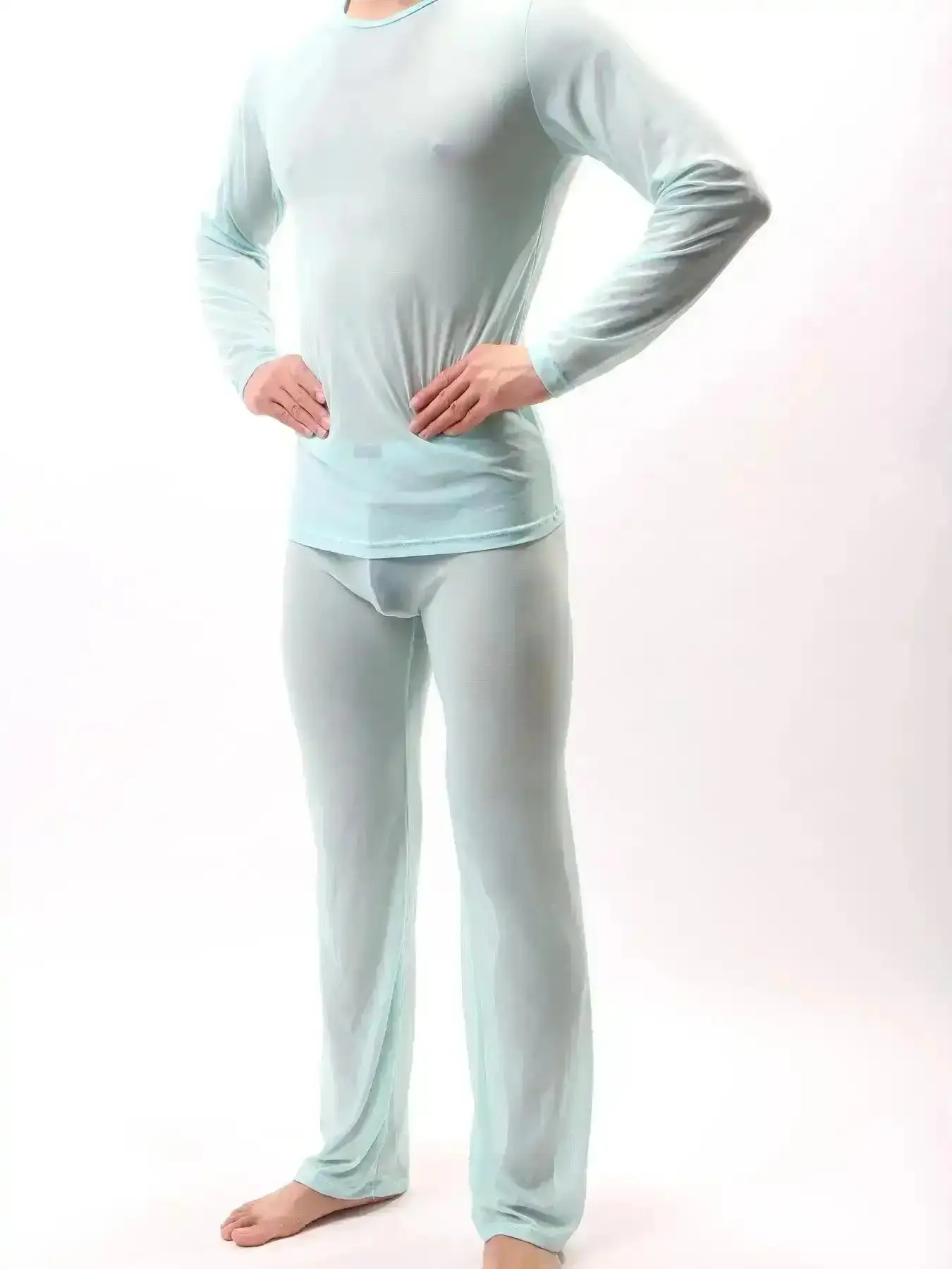 Men's Loungewear Set, Sexy Transparent Mesh, Comfortable Soft Feel, Casual Loose Fit, Pajama Set, Men's Clothing Set, Coordinating Set, Long Sleeve, High Elasticity and Sun Protection, Beach Wear and Pjs