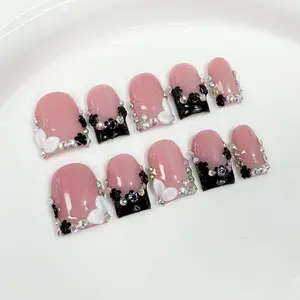 10pcs Sweet and cool girl style, hand-painted three-dimensional patterns, dazzling chain and diamonds handmade fake nails, Glitter nails, Nail Art Design, Ideal for music festivals, concerts, bar parties
