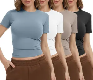 4 Pack Women's Workout Shirts Compression Short Sleeve Crew Neck Running Yoga Gym Athletic Fitted Crop T-Shirts Top