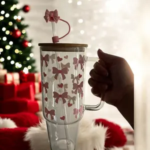 Pink Bows Coquette Inspired Aesthetic 40oz Glass Tumbler with Lid, Straw and Bow Straw Cover silicone Bamboo Cup Drinkware glass tumbler