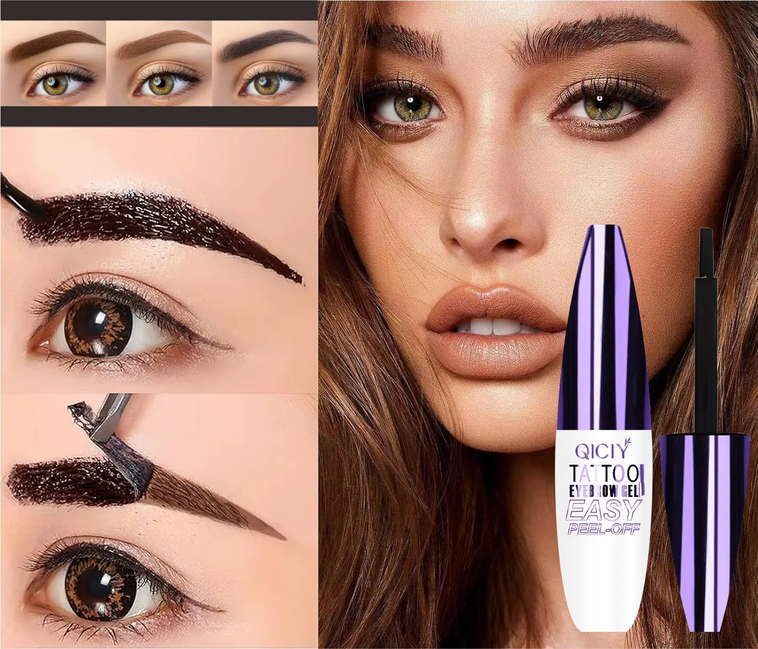 QICIY Peel-Off Eyebrow Tint Gel, Black Brown Brow Color, Film Forming Brow Makeup, Easy Application for Natural Defined Eyebrows