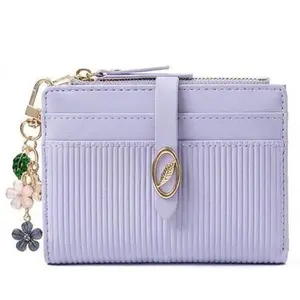 Pastel Purple PU Striped Bifold Women's Wallet with Elegant Pear Blossom & Leaf Charm – Compact 4.92" Card Holder, Zipper Coin Pocket, Slim Design for Daily Use/Travel (Cute Floral Accessory Included)