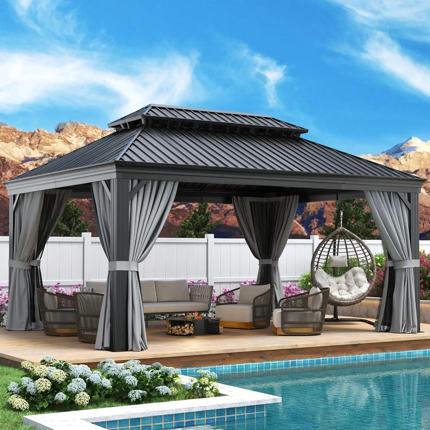 Aoxun Permanent Hardtop Gazebo with Galvanized Steel Double Roof and Aluminum Frames Outdoor Large Pavilion Gazebo for Patio Deck Garden, Nettings and Curtains Included, Gray