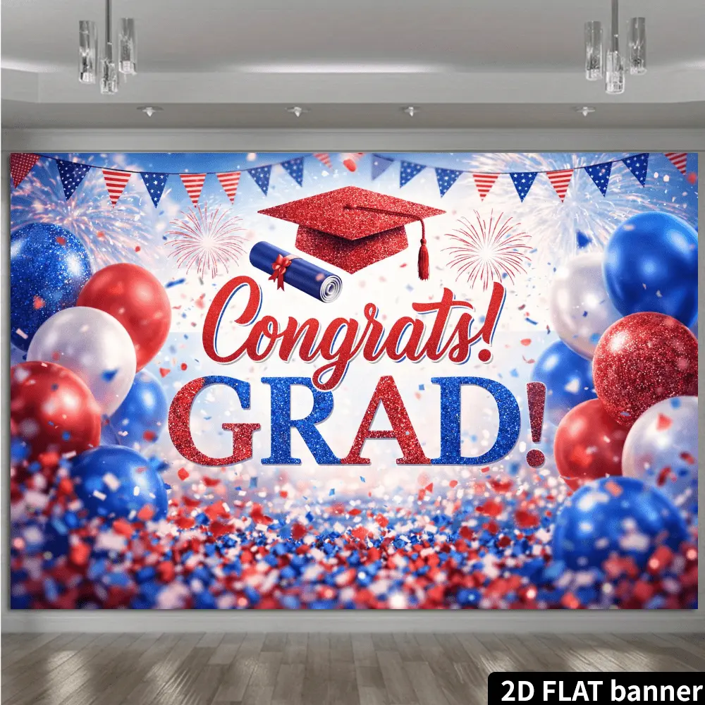 1PC,2D Flat Backdrop Congrats Grad Graduation Backdrop, Red Blue Balloon Fireworks Theme Party Decor Banner, Photo Background for Graduation Ceremony Celebration, Festival Event Scene Decoration Backdr, Graduation Party Decor, Flat Fabric