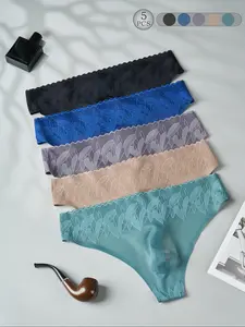 Men's Lace Trim Leaf Print Underwear Set, 5-Piece Comfortable Breathable Fabric, Fashion Casual Sports Style, Sexy Skin-Friendly Briefs, Soft Stylish Brief