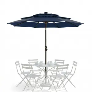 Modern 10ft 3-Tier Patio Umbrella with 24 LED Solar Lights – Vented Top, Easy Crank & Push Button Tilt, 8 Sturdy Ribs, Outdoor Lighted Umbrella for Pool, Deck, Yard, Garden,Blue