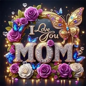 5D Diamond Painting Kit - "I Love You Mom" Purple Rose & Butterfly, Full Round Drill Bling Rhinestone Embroidery Design, Perfect Gift for Mother's Day & Mom Wall Decor, Embroidery Set