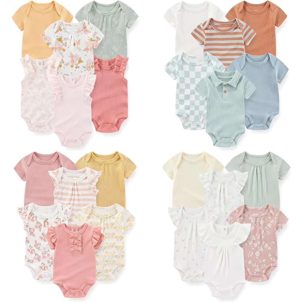 kiddiezoom 6-Pack Unisex Short-Sleeve Baby Bodysuits, 100% Washable Cotton Breathable Fabric with Cute Cartoon Prints, Infant Bodysuit Clothes for 0-12 Months, Newborn Onesies, Pack Of Six