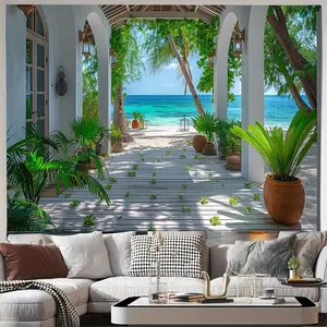 1pc 3D Effect Beach Scenery Tapestry - Soft Peach Light Beige Fabric, Wrinkle & Fade Resistant, Indoor/Outdoor Use, Perfect Gift for Parties & Home Ambiance, Beach Theme Decor, 60X40 Inches Colorful Decoration Room Wall