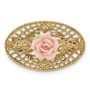 1928 Jewelry Gold-tone Filigree Pink Rose Porcelain Flower Pin Brooch