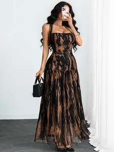French Sexy Casual Vacation Wild Print Long Dress, Modern Halter Backless Slim Fit Pleated A-Line Dress, Elegant Flowy Maxi Dress for Women