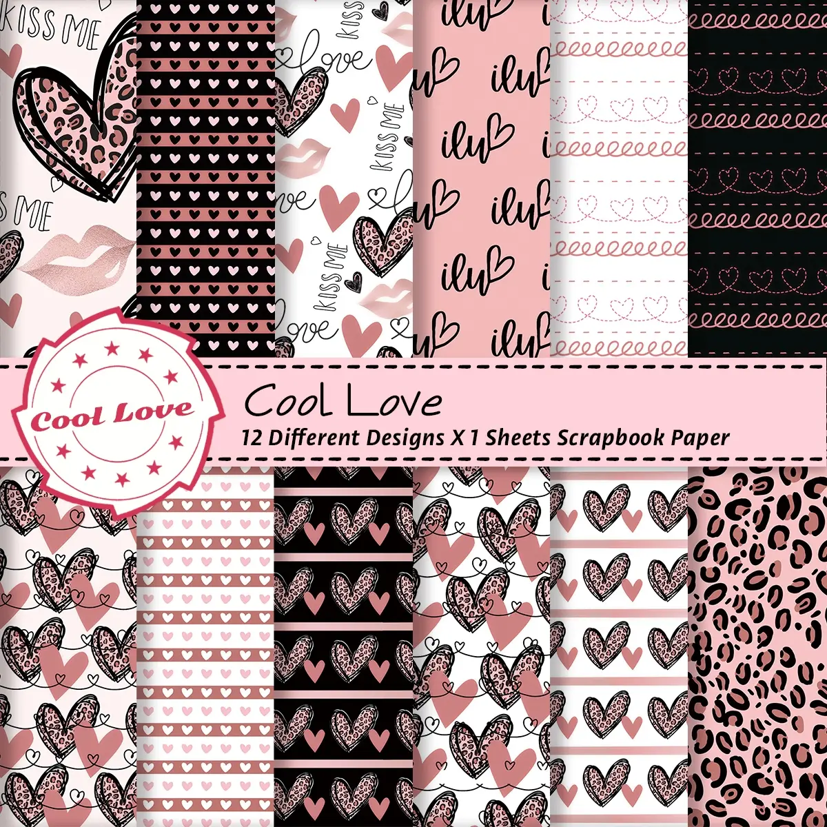 12pcs Vintage Leopard Print Love Pattern Scrapbook Paper, Scrapbook Materials - Aesthetic Craft Cardstock for Scrapbooking, Card Making, Journals, Journaling and Craft Supplies - Perfect for Valentine's Day, Anniversary & More