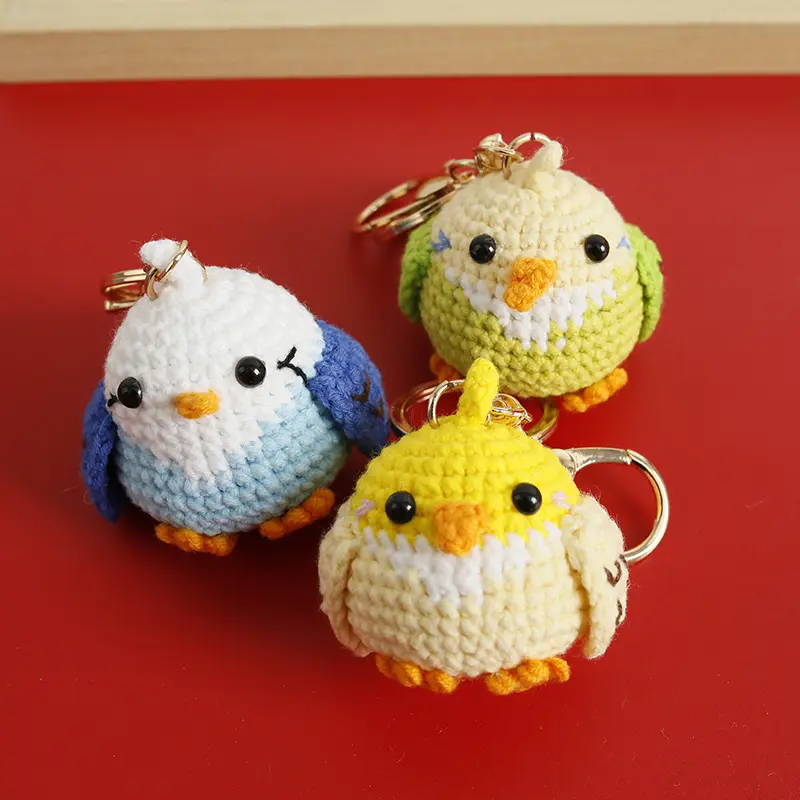 Handmade Crochet Parrot Keychain - Cute Small Bird Doll Keyring with Copper Accents, Artisan Animal Character Charms Chain-Attached Handmade Fashion Gifting Accessory, Handmade Keychains, Animal Character Keychains