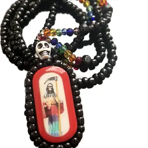 Santa Muerte 15 inches Necklace with 1.5 Inches Pendant red and 7 power Beads Unique Design Cuban Link Chain Gold Plated Amulet