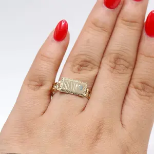 14KT Gold Personalized Plaque Ring with Intricate Chain Design and Custom Engraving Options 14KT Gold Personalized Plaque Ring with Intricate Chain Design and Custom Engraving Options