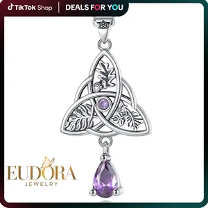 925 Sterling Silver Triquetra Necklace with Amethyst Teardrop, Celtic Knot Pendant, Sacred Wiccan Symbol, Spiritual Jewelry for Unity
