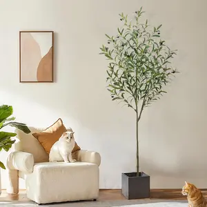 1pc Scandi Style Artificial Olive Tree, 5ft 6ft 7ft Faux Potted Plant for Minimalist Home Decor, Slim Fake Tree for Apartment Corner, Aesthetic Indoor Greenery.