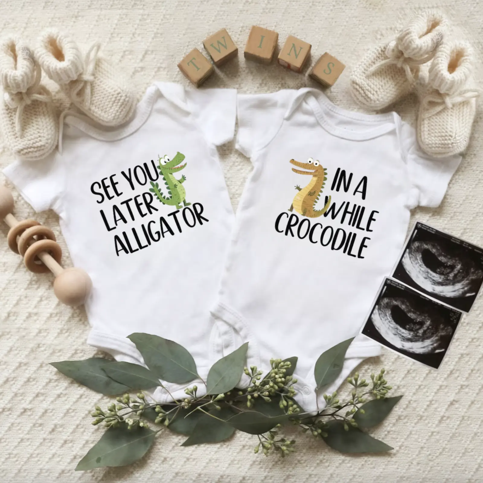 Twin Onesie Set - See You Later Alligator - In A While Crocodile - Twin Onesies - Funny Cute Twin Baby Outfit - Best Friend Baby Twin Gift
