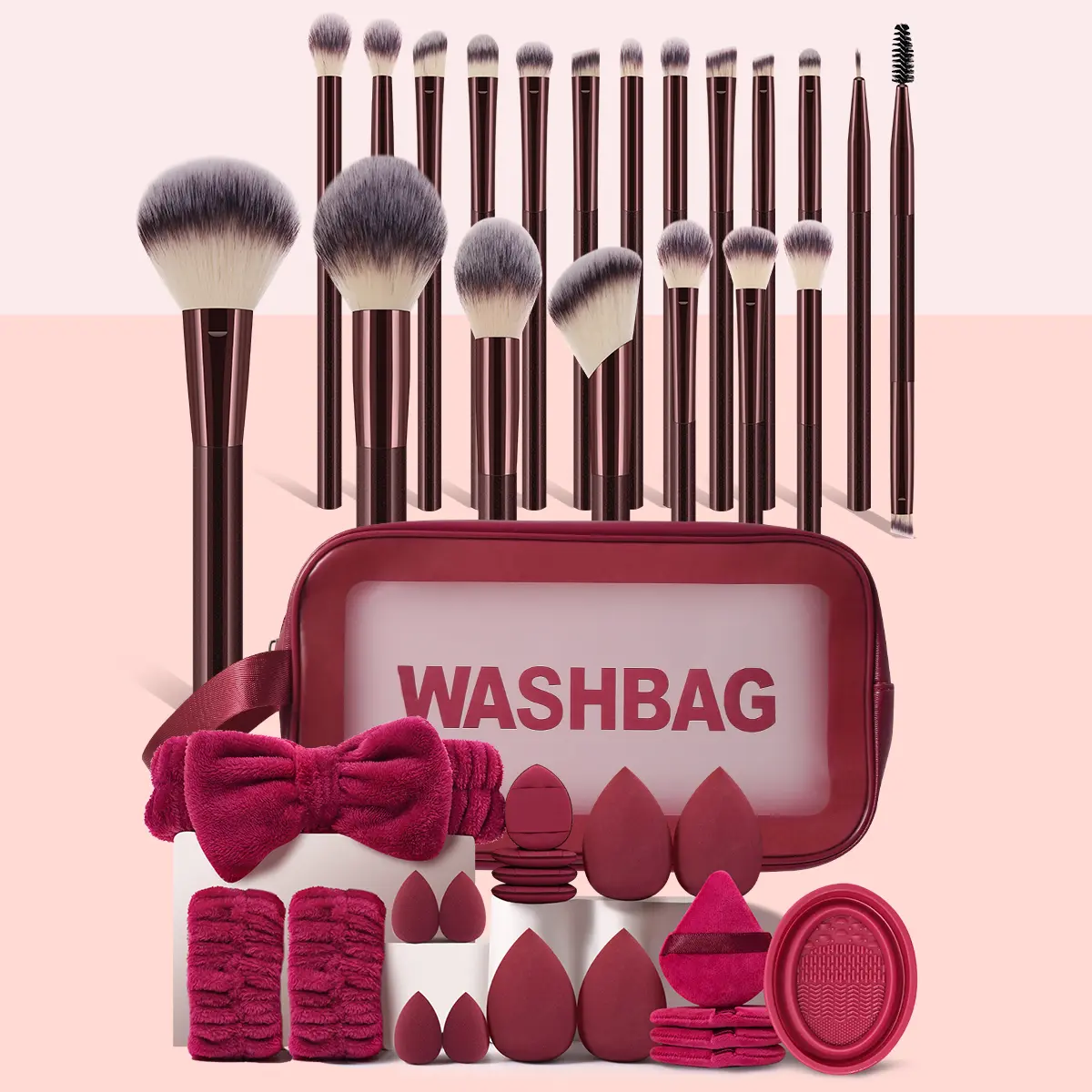 41PCS All-in-One Makeup Tools Set, Waterproof Multifunctional Zipper Cosmetic Bag, 20PCS Makeup Brushes, 4 Regular & 4 Mini Makeup Sponges, 4 Triangle Powder Puffs, 4 Mini Air Cushion Puffs, Hairband, Hand Bowl Straps and Brush Cleaning Tool